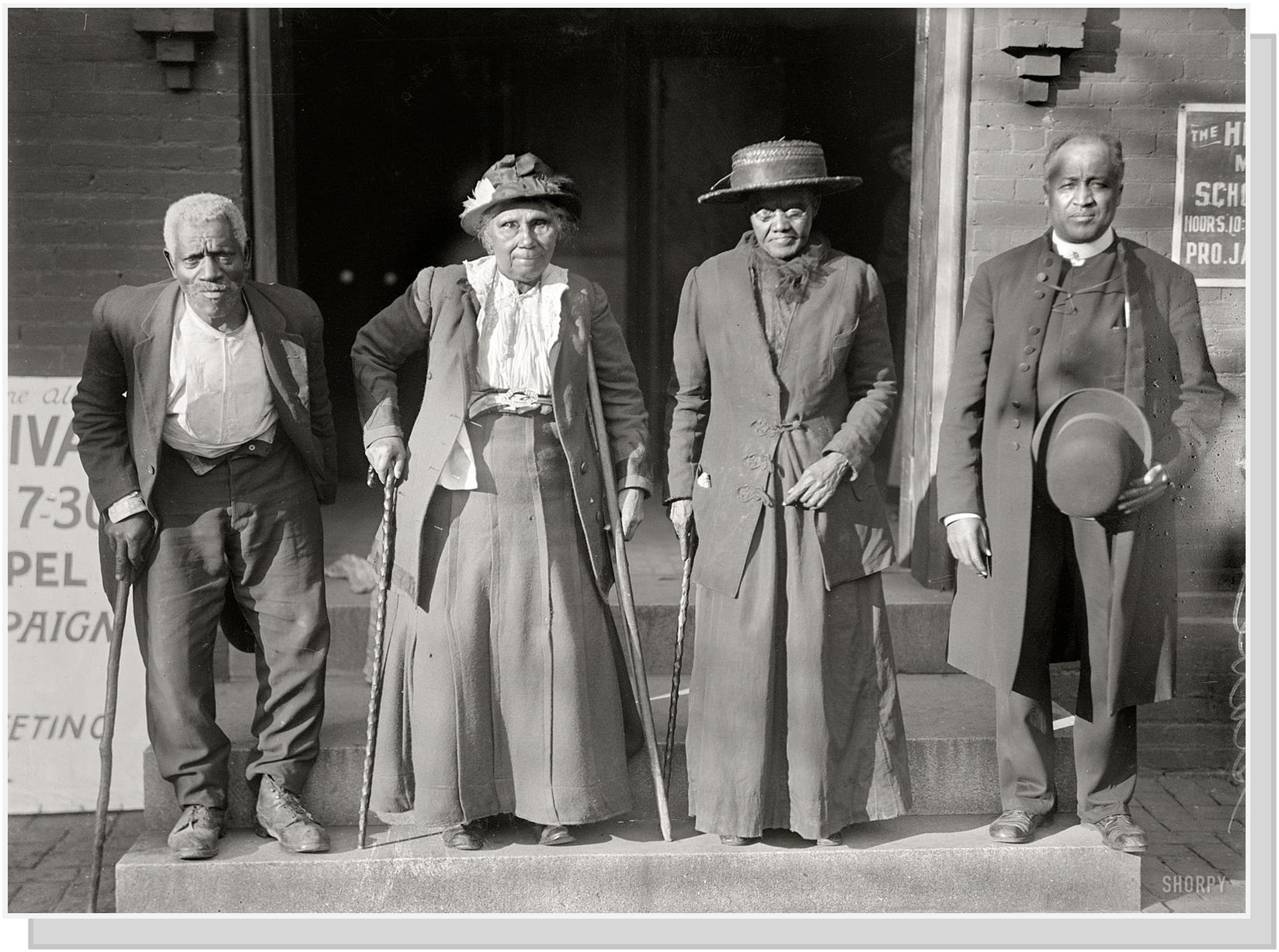 1916 Slaves reunion. Lewis Martin, age 100; Martha Elizabeth Banks, age 104; Amy Ware, age 103; Rev. Simon P. Drew, born free.  Photo published in the Washington Post Sept. 1916  